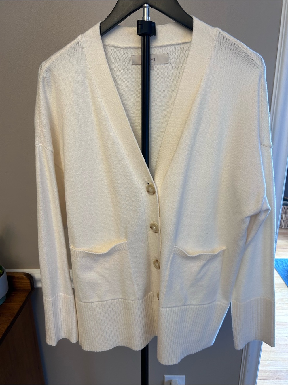 LOFT Cream V-Neck Button Cardigan with Front Pockets